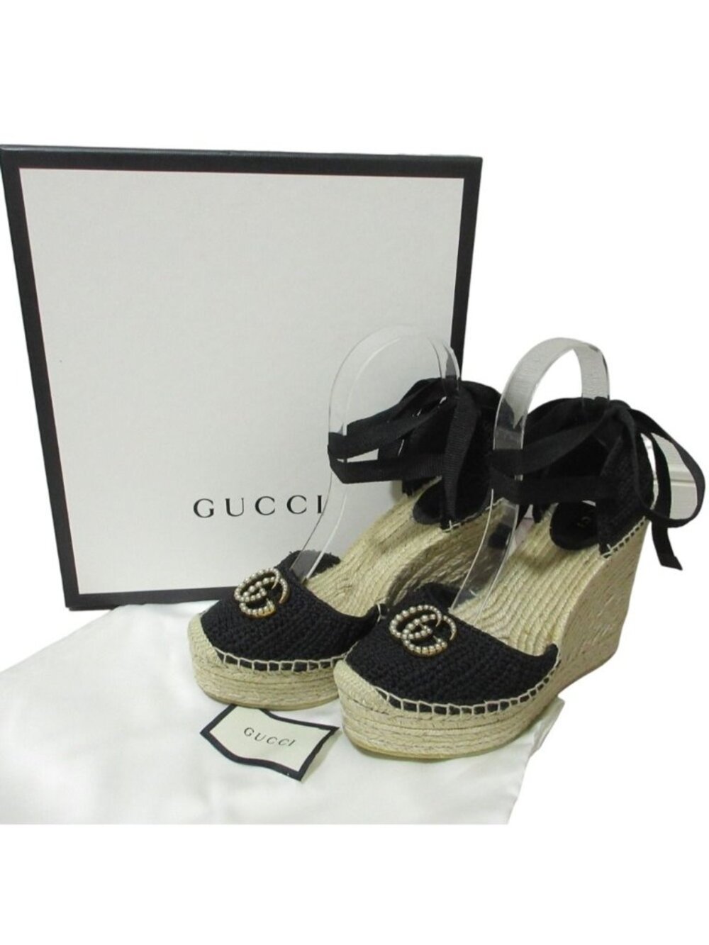 Gucci GG Marmont Jute Wedge Sandals Black Spring Summer